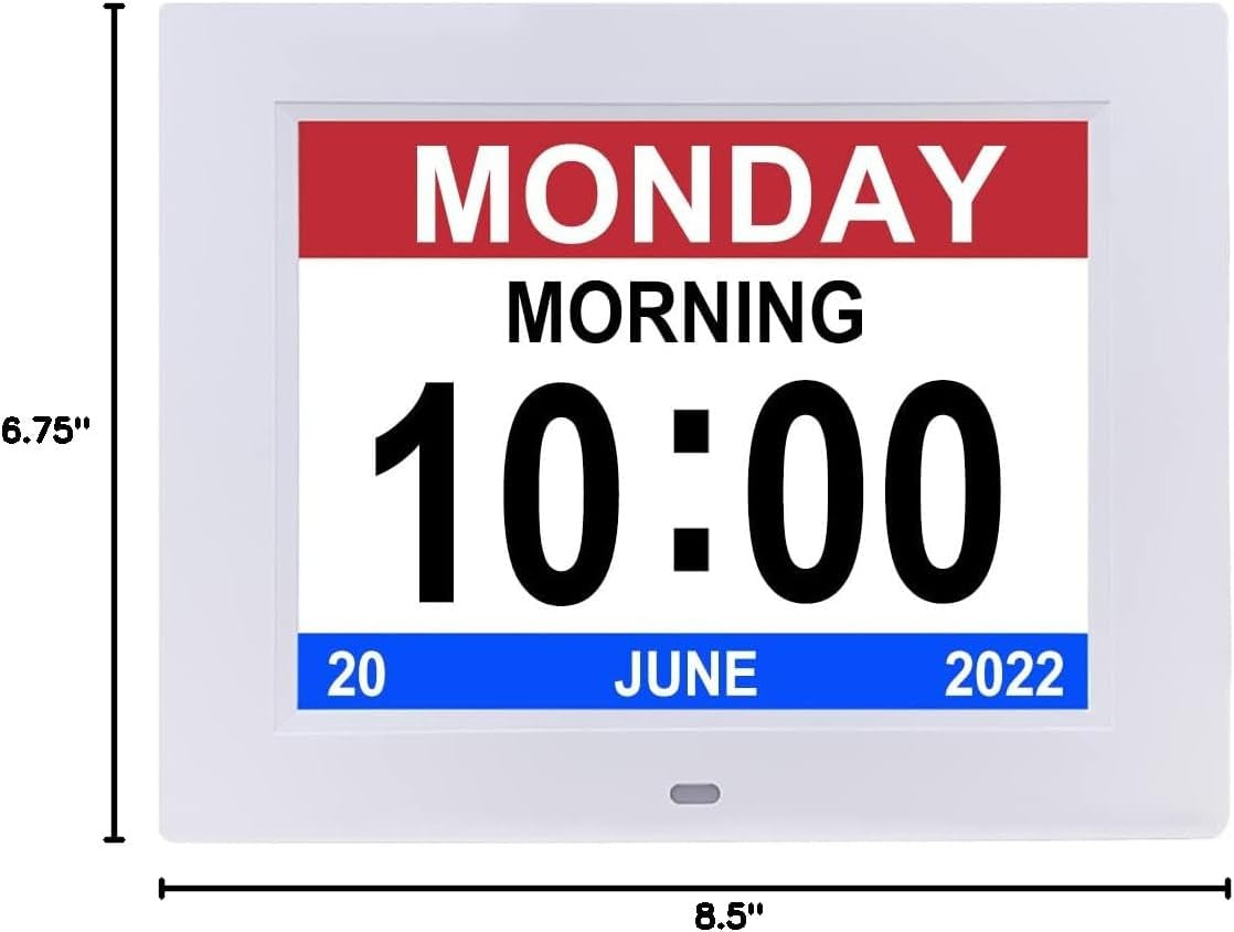 Digital Day Calendar Clock 8 Inch 12 Alarms Non-Abbreviations Day & Month Electronic Dementia Alzheimer Vision Impaired Memory Loss Desk Large Digital Alarm Clock