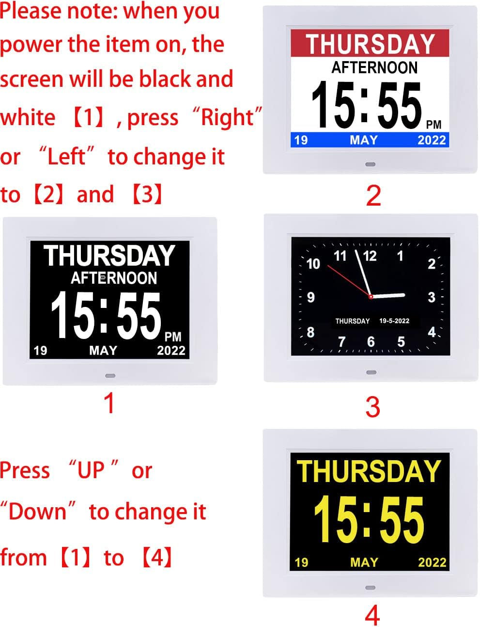 Digital Day Calendar Clock 8 Inch 12 Alarms Non-Abbreviations Day & Month Electronic Dementia Alzheimer Vision Impaired Memory Loss Desk Large Digital Alarm Clock