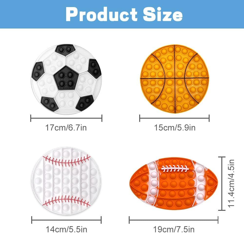 4 Pack Pop Fidget Toy It for Boys, Sensory Bubble Football Basketball Baseball Rugby Soccer Push Its Pop Toys Autism Stress Reliever Silicone Toy Gifts for Kids Adults, Relieve Anxiety Autis