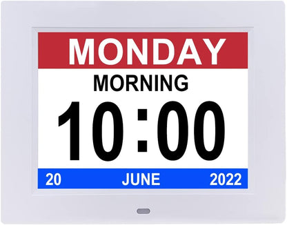 Digital Day Calendar Clock 8 Inch 12 Alarms Non-Abbreviations Day & Month Electronic Dementia Alzheimer Vision Impaired Memory Loss Desk Large Digital Alarm Clock