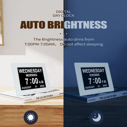 Digital Day Calendar Clock 8 Inch 12 Alarms Non-Abbreviations Day & Month Electronic Dementia Alzheimer Vision Impaired Memory Loss Desk Large Digital Alarm Clock