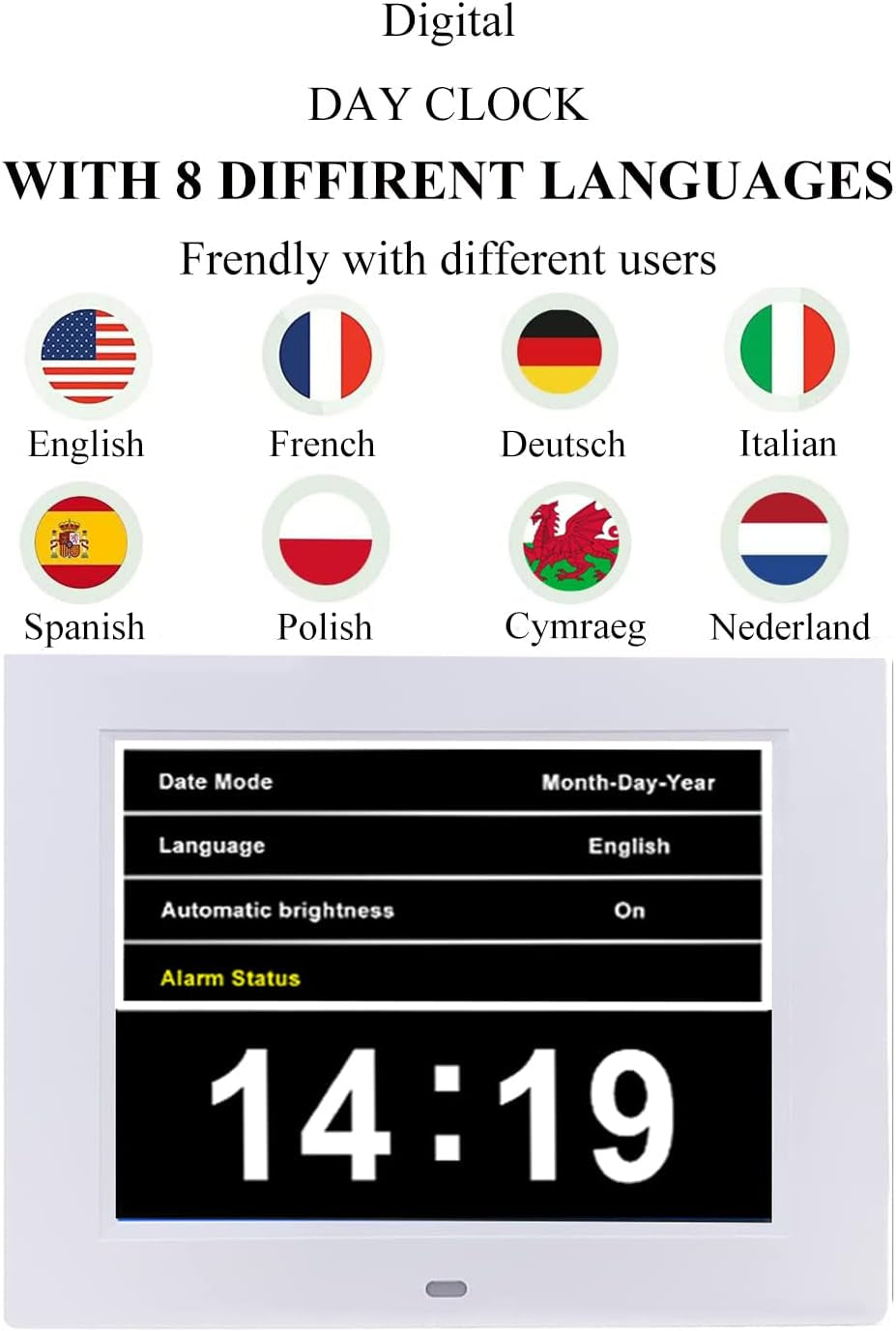 Digital Day Calendar Clock 8 Inch 12 Alarms Non-Abbreviations Day & Month Electronic Dementia Alzheimer Vision Impaired Memory Loss Desk Large Digital Alarm Clock