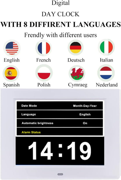 Digital Day Calendar Clock 8 Inch 12 Alarms Non-Abbreviations Day & Month Electronic Dementia Alzheimer Vision Impaired Memory Loss Desk Large Digital Alarm Clock