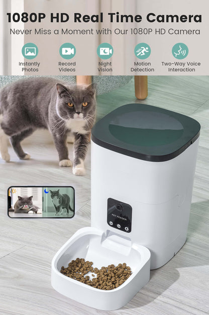 Pet Feeder,6L Automatic Pet Feeder for Cats and Dogs,1080P Camera,App Control,Voice Recorder,Timed Feeder for Schedule Feeding, Dual Power Supply,Wifi Pet Food Dispenser with App Control